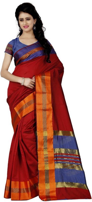 Striped Bollywood Cotton Silk Saree  (Red)