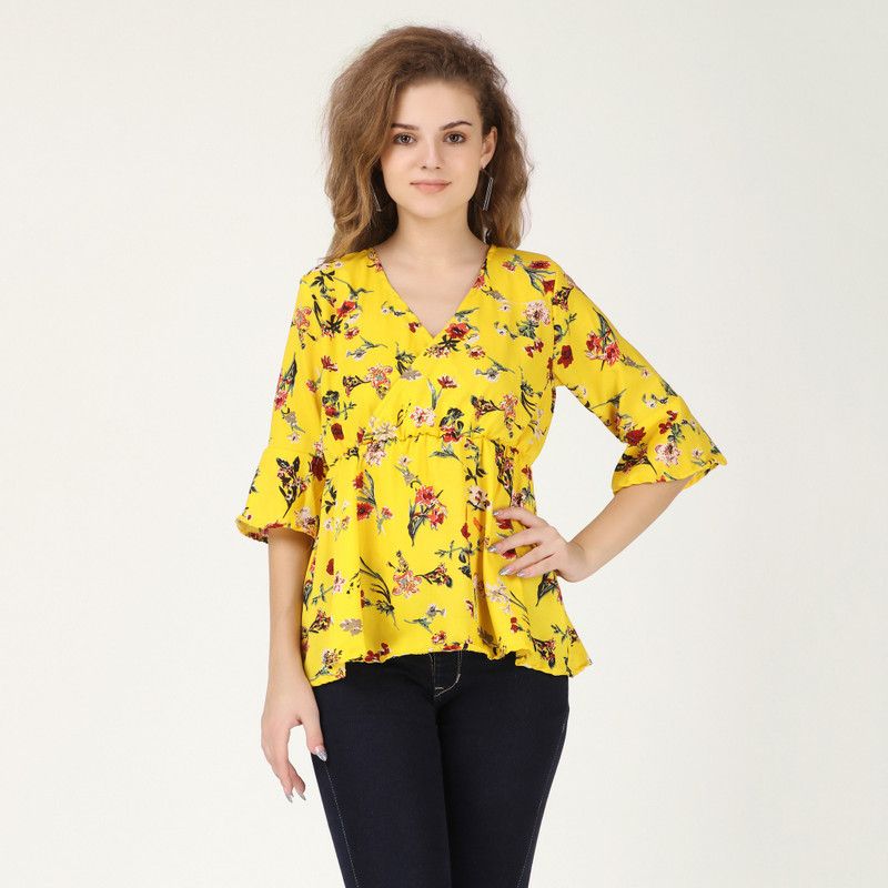 Floral Print Women Yellow Top