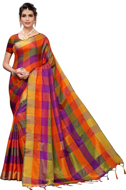 Checkered Chettinadu Cotton Silk Saree  (Multicolor)
