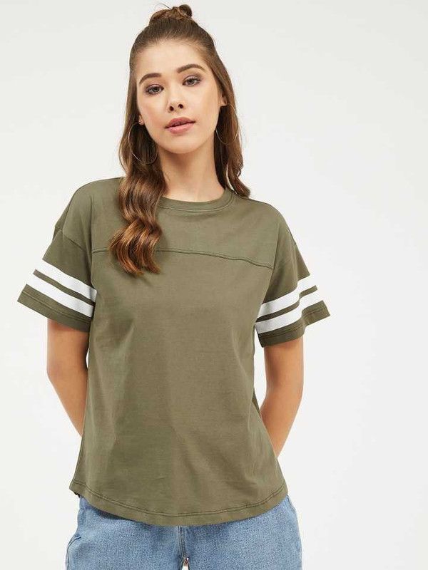 Women Striped Round Neck Cotton Blend Green T-Shirt