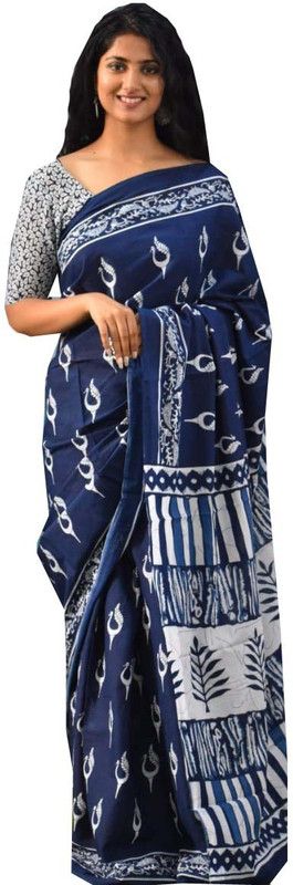 Solid/Plain Handloom Pure Cotton Saree  (Dark Blue)