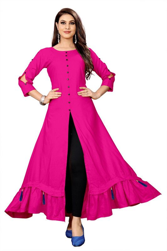 Women Solid Viscose Rayon Frontslit Kurta  (Pink)