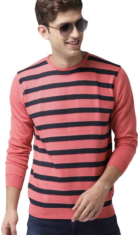 Men Striped Round Neck Blue, Pink Sweater