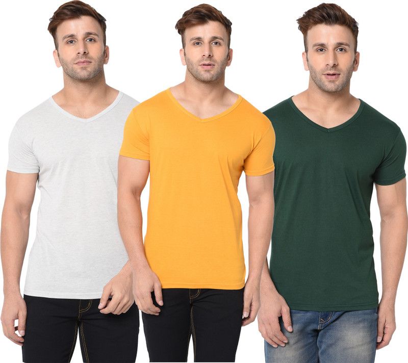 Pack of 3 Men Self Design, Solid V Neck Cotton Blend Dark Green, Grey, Yellow T-Shirt