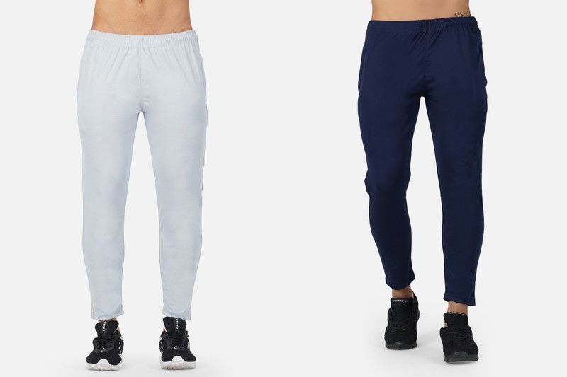 Pack of 2 Men Solid Dark Blue, Grey Track Pants