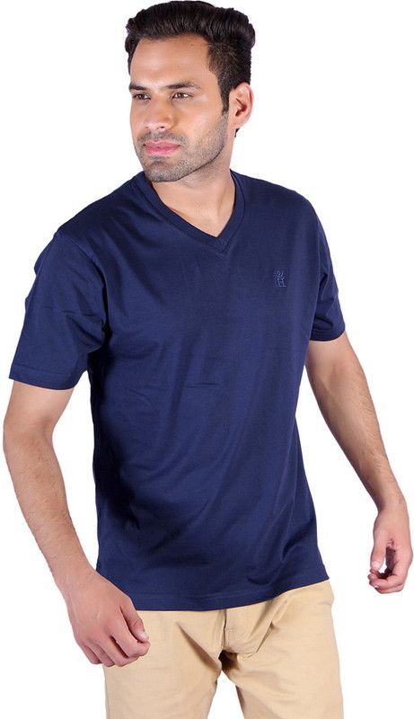 HU1002VNNBU Men Solid V Neck Poly Cotton Dark Blue T-Shirt