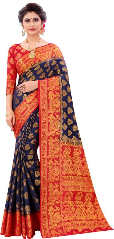 Woven Bollywood Cotton Silk Saree  (Red, Blue)