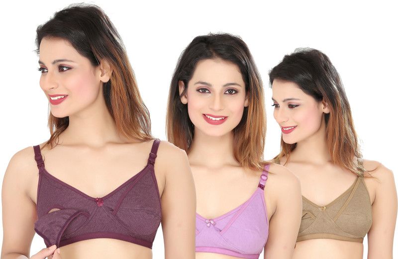 Pack of 3 Women Maternity/Nursing Non Padded Bra  (Purple, Brown, Pink)
