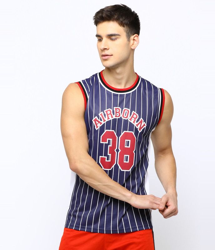 Men Printed Round Neck Polyester Dark Blue, Red T-Shirt
