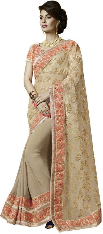 Embroidered Bollywood Georgette, Net Saree  (Beige)