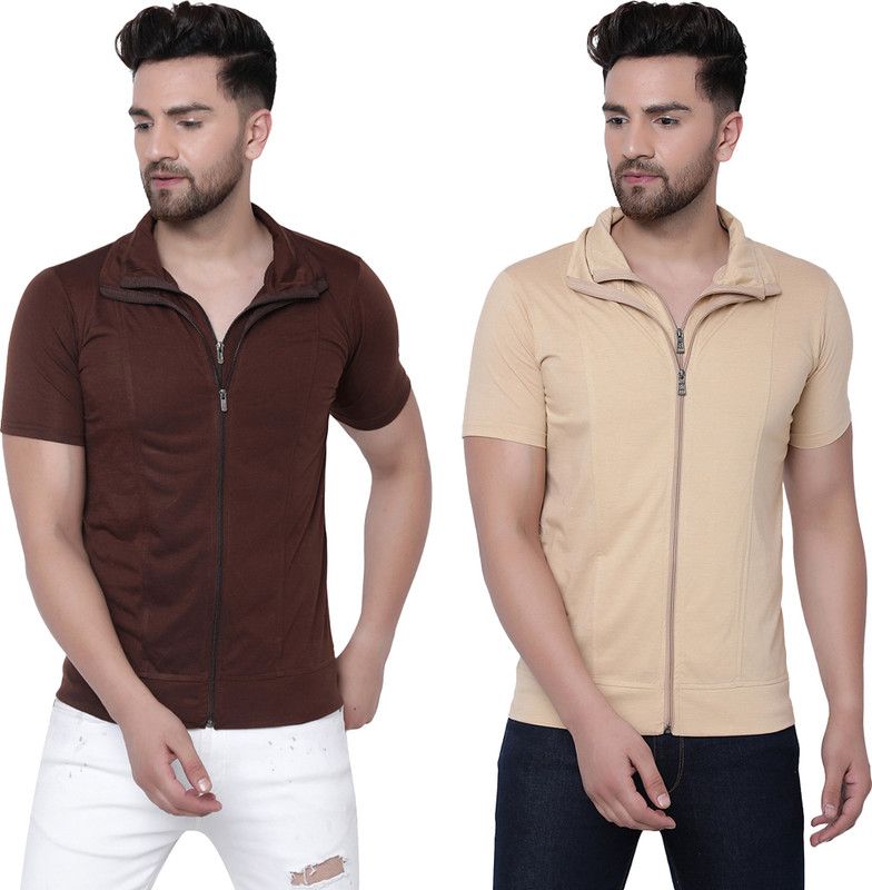 Pack of 2 Men Solid Polo Neck Cotton Blend Brown, Beige T-Shirt