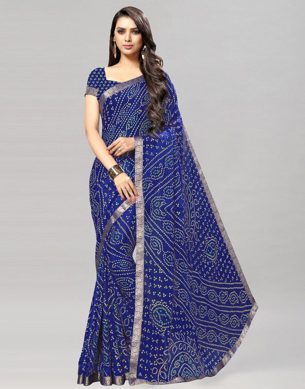 Printed Bandhani Chiffon Saree  (Blue)