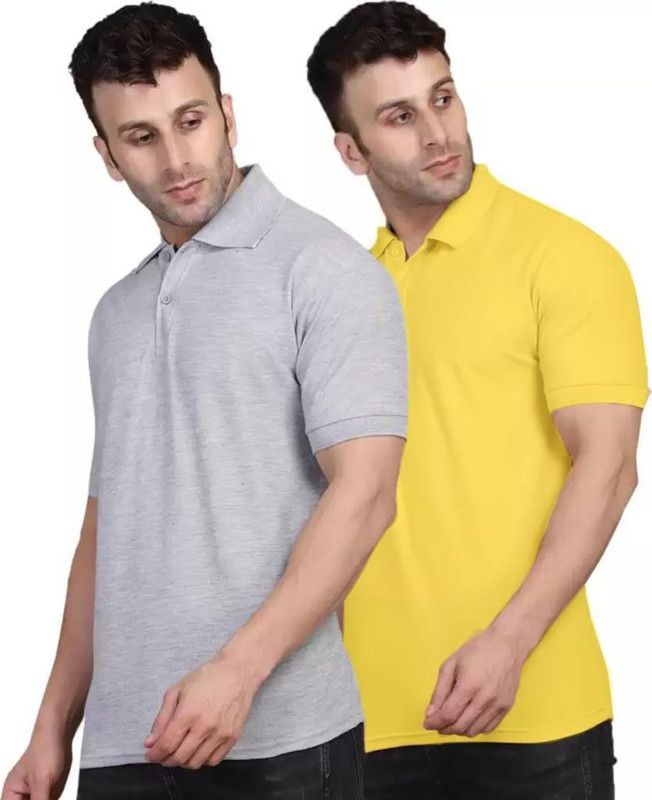 Pack of 2 Men Solid Polo Neck Cotton Blend Grey, Yellow T-Shirt