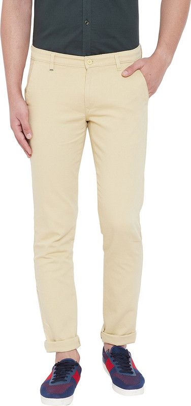Men Slim Fit Cream Cotton Blend Trousers