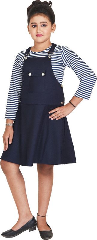 Dungaree For Girls Party Striped Cotton Lycra Blend, Cotton Crepe Blend  (Blue, Pack of 1)