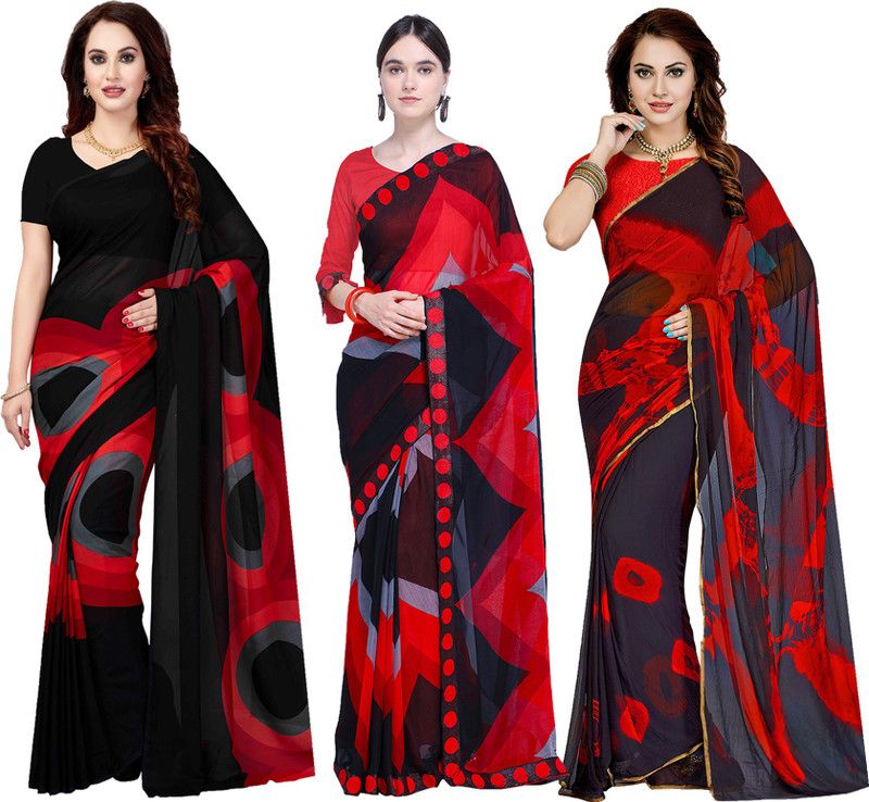 Printed Bollywood Georgette Saree  (Pack of 3, Black)