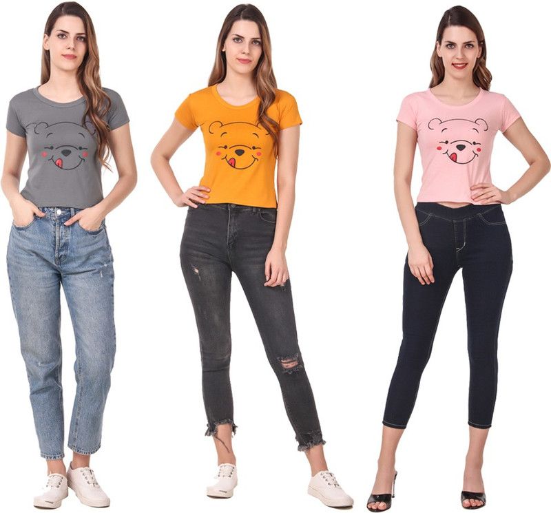 Pack of 3 Women Printed Round Neck Cotton Blend Silver, Pink, Yellow T-Shirt