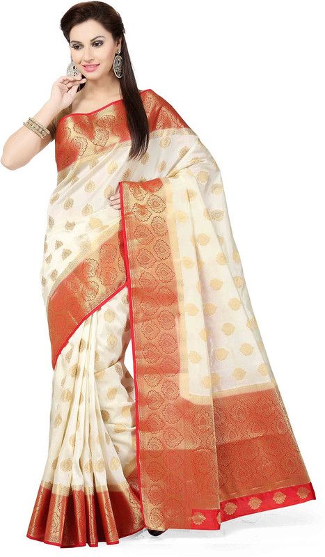 Woven Bollywood Tussar Silk Saree  (White)