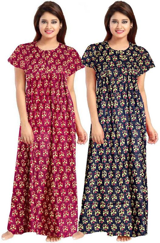 Women Night Dress  (White, Brown)