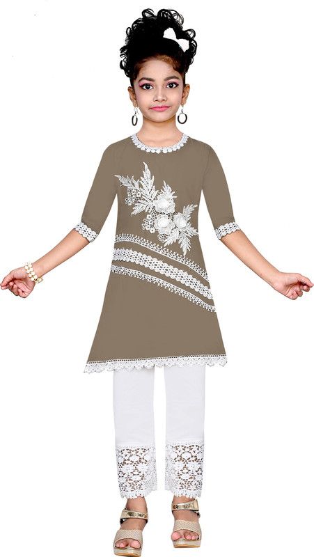 Girls Above Knee Casual Dress  (Brown, 3/4 Sleeve)