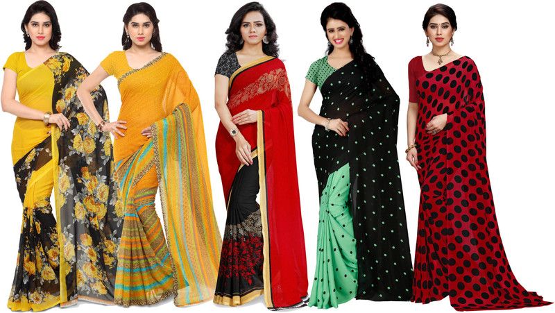 Paisley, Geometric Print, Polka Print, Floral Print Daily Wear Georgette Saree  (Pack of 5, Multicolor)