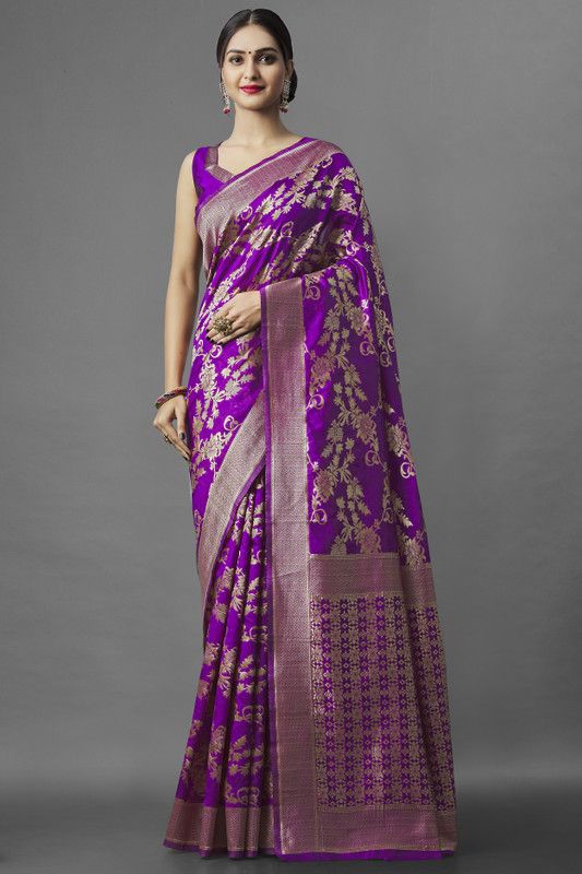 Woven Banarasi Silk Blend Saree  (Purple, Gold)
