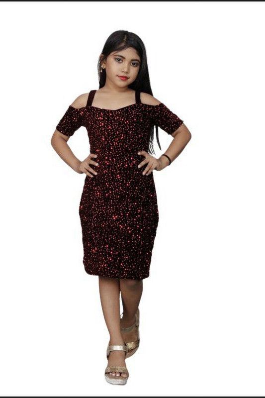Girls Midi/Knee Length Party Dress  (Maroon, Short Sleeve)