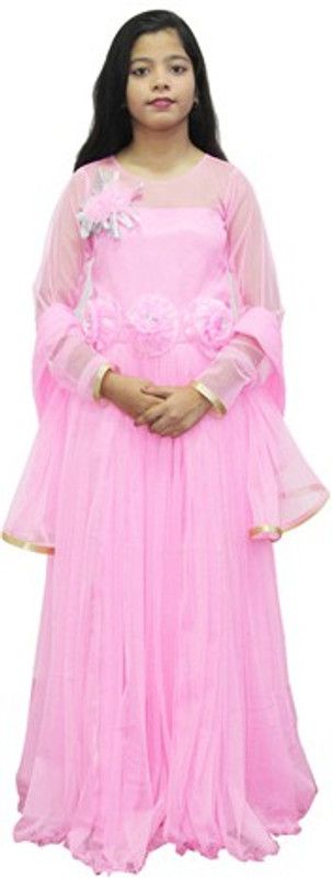 Solid Cotton Blend Anarkali Gown  (Pink)