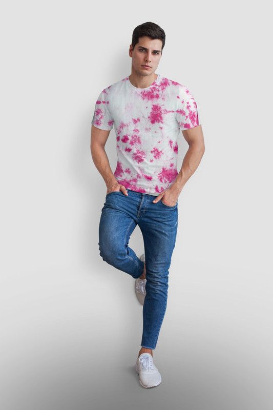 Tie & Dye Men Round Neck Pink T-Shirt, 100% cotton, no colour bleeding Men Tie & Dye Round Neck Pure Cotton Pink T-Shirt