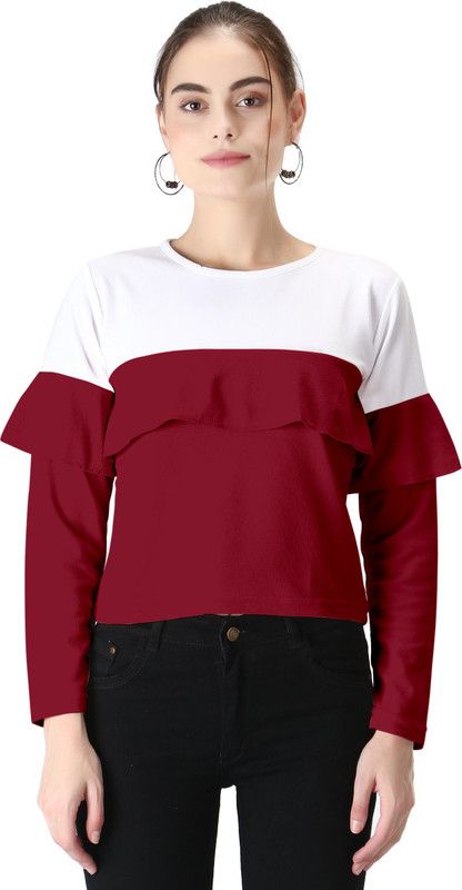 Casual Layered Color Block Women Maroon Top