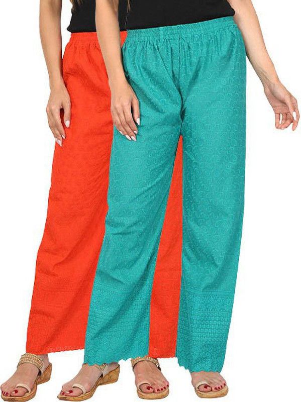 Pack of 2 Women Regular Fit Orange, Light Green Cotton Blend Trousers