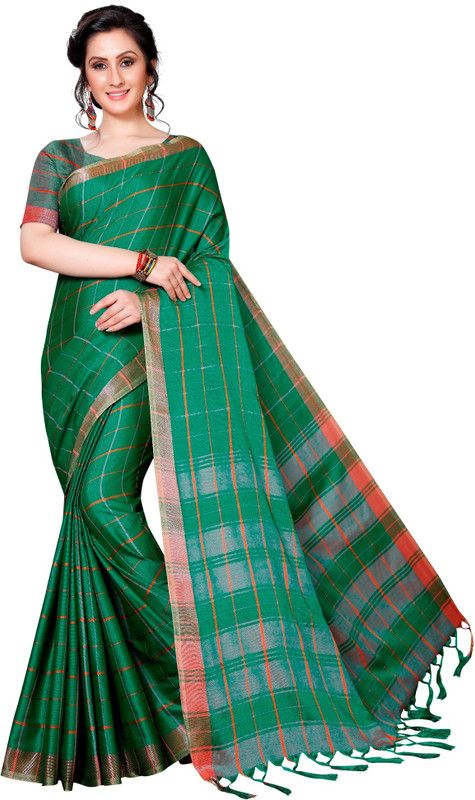 Checkered Chettinadu Cotton Silk Saree  (Green)