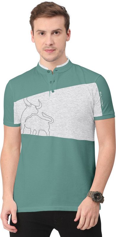 Men Colorblock Mandarin Collar Cotton Blend Green T-Shirt
