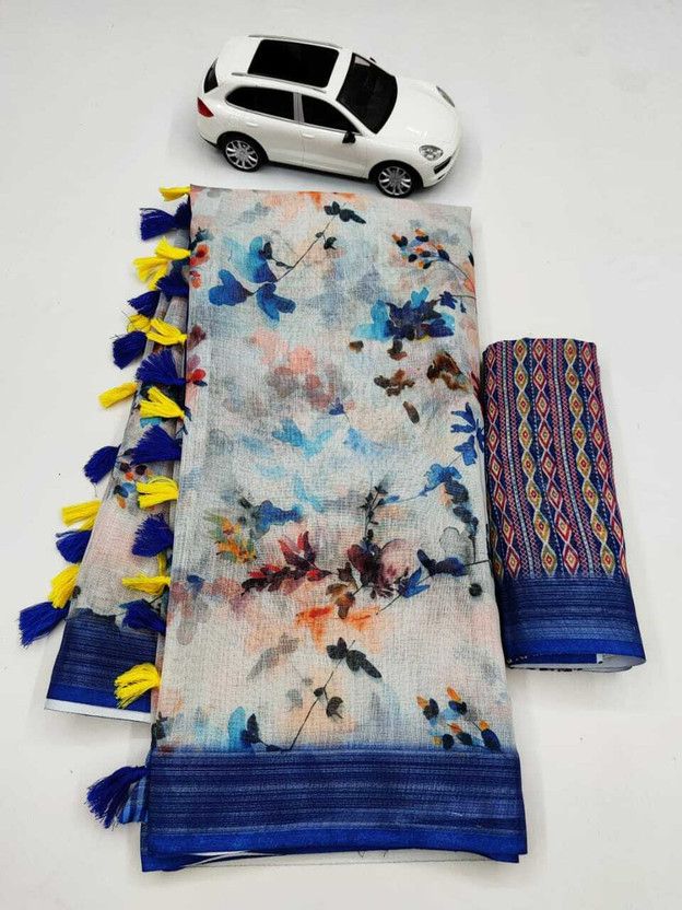 Floral Print Daily Wear Cotton Linen, Linen Saree  (Multicolor)
