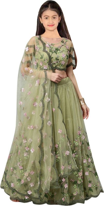 Girls Lehenga Choli Ethnic Wear Embroidered Lehenga, Choli and Dupatta Set  (Light Green, Pack of 1)
