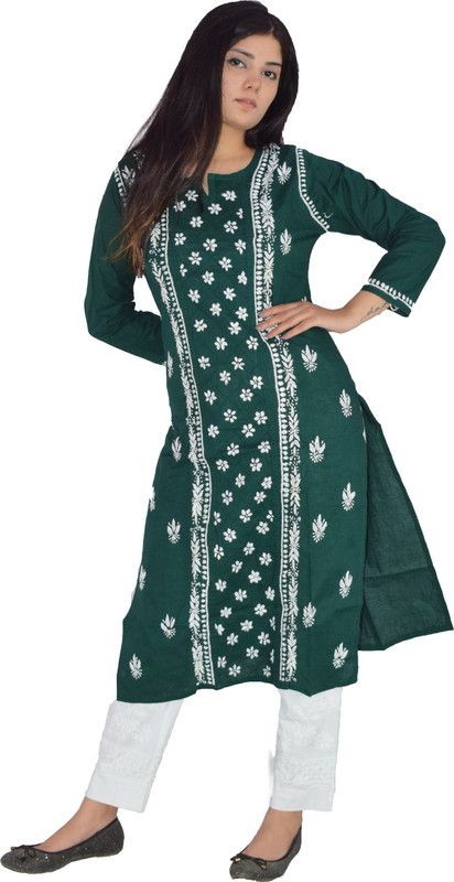 Women Embroidered Cotton Blend Straight Kurta  (Dark Green)