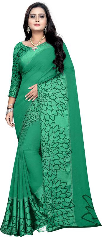 Printed Daily Wear Georgette, Satin Saree  (Green)