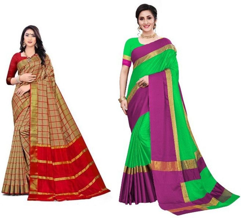 Self Design Bollywood Cotton Blend Saree  (Pack of 2, Multicolor)