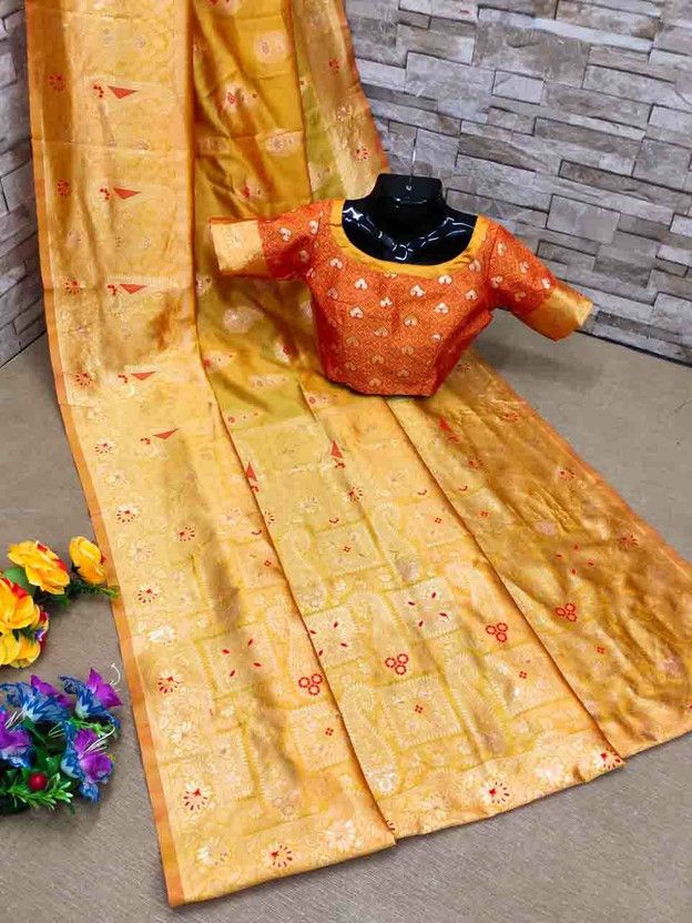 Solid/Plain Banarasi Silk Blend Saree  (Yellow)