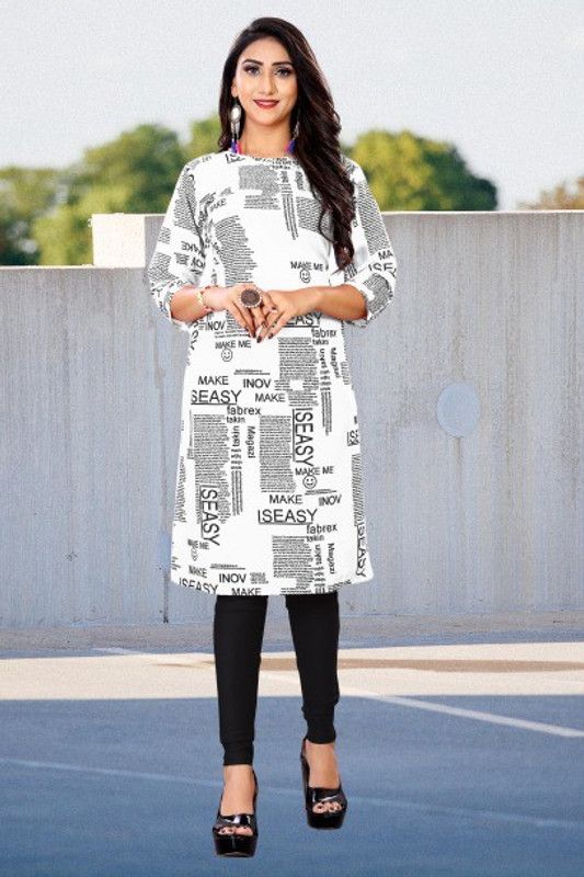 Women Printed Crepe Straight Kurta  (White, Black)