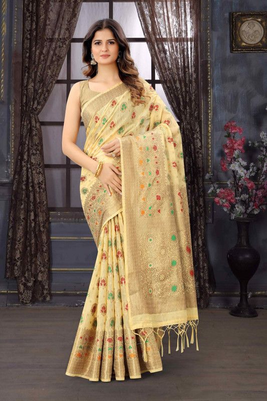 Chanderi Jacquard Saree  (Cream)