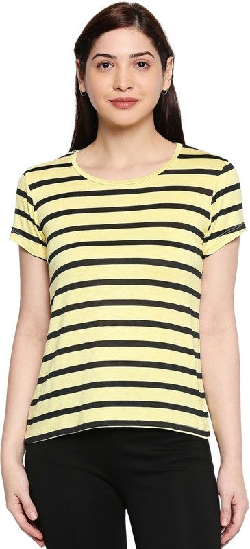 Women Striped Round Neck Viscose Rayon Yellow T-Shirt