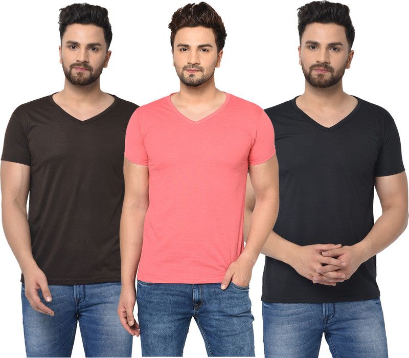 Pack of 3 V neck Combo T-shirts Men Solid V Neck Cotton Blend Brown, Black, Pink T-Shirt