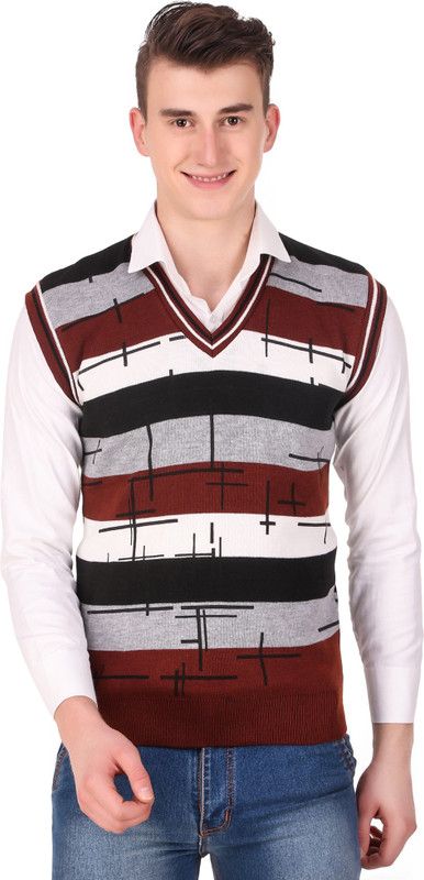Men Striped V Neck Red Sweater
