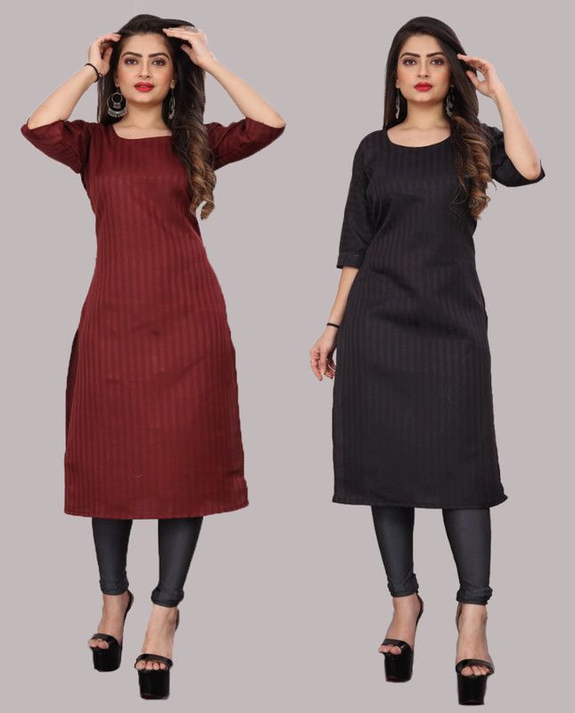Pack of 2 Women Self Design, Solid Cotton Blend Straight Kurta  (Brown)