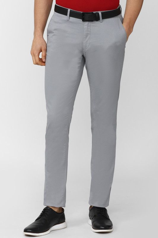 Men Tapered Light Blue Cotton Blend Trousers