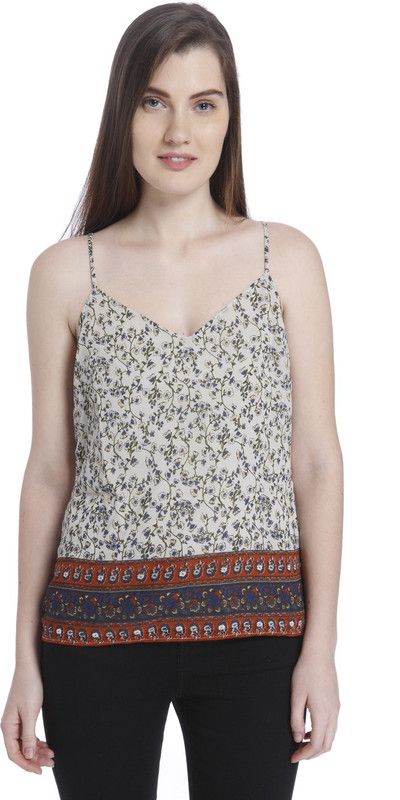 Casual Noodle Straps Printed Women Grey Top