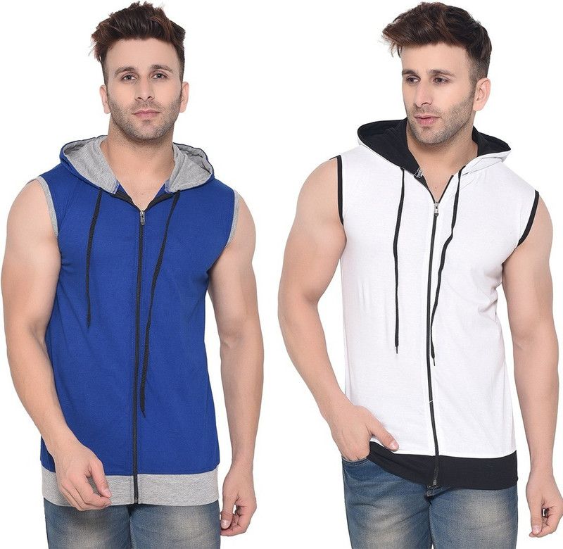 Pack of 2 Faizaan Men Solid Hooded Neck Cotton Blend White, Blue T-Shirt