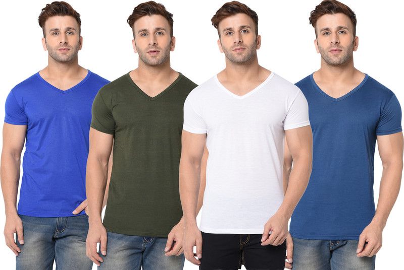 Pack of 4 Men Solid V Neck Cotton Blend Dark Green, White, Blue T-Shirt