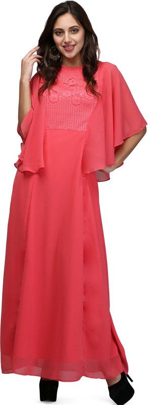 Embroidered Georgette Stitched Flared/A-line Gown  (Pink)